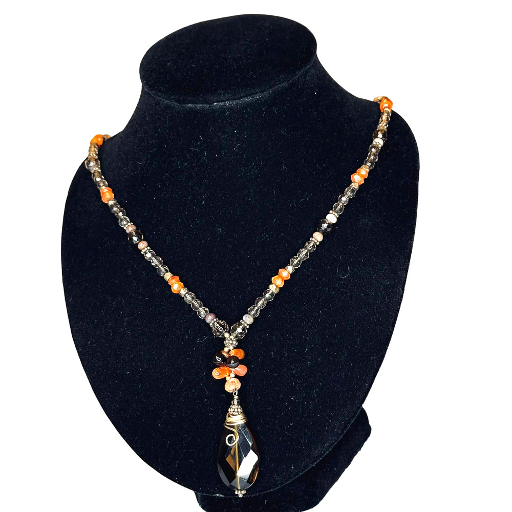 Artisan Crafted Smokey Topaz & Carnelian Y Necklace w/silver lobster claw clasp - Picture 2 of 8